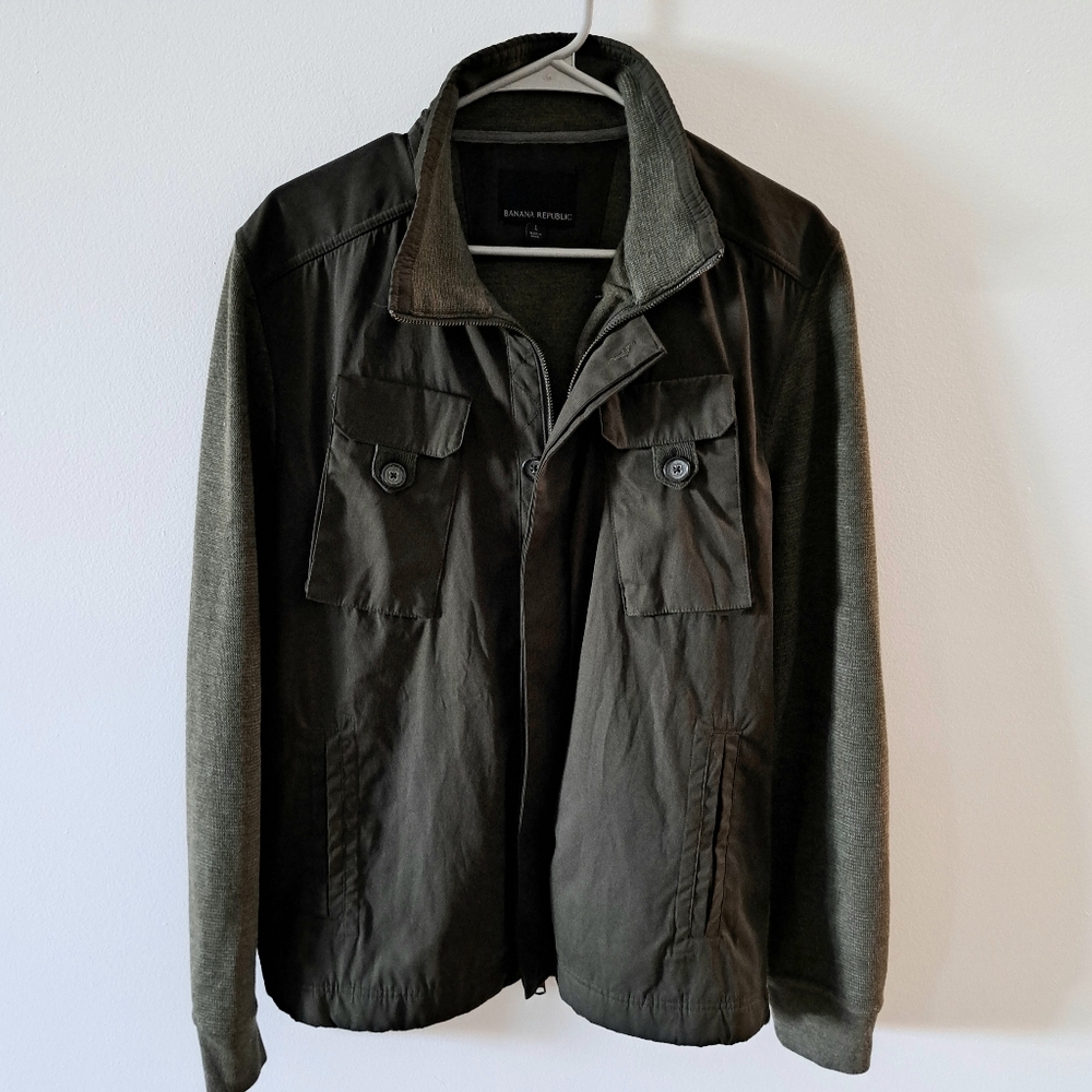 Banana Republic Military Green Men's Jacket Size Large Zipper Buttons Pockets